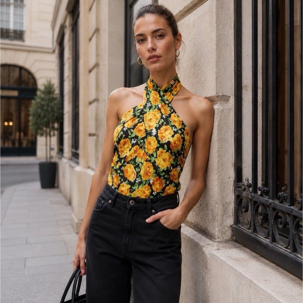 Zara Floral Halter Bodysuit Indie Sleeze Yellow Orange Crossover Neck Medium NEW